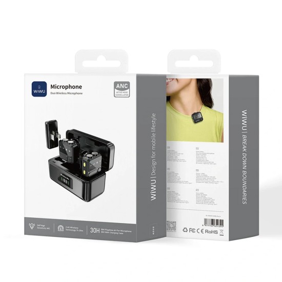 WIWU WI-WM005 BLUETOOTH 5.3 WITH APPLE & TYPE-C RECEIVER, ANC NOISE REDUCTION, REVERB & 6H BATTERY DUAL LAVALIER MICROPHONE - BLACK