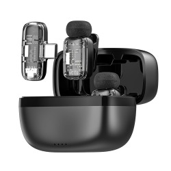 WIWU WI-WM008 2-IN-1 WITH ANC NOISE CANCELLATION, 360° PICKUP, 50M RANGE & CHARGING CASE DUAL WIRELESS LAVALIER MICROPHONE - BLACK