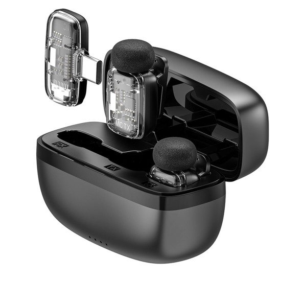 WIWU WI-WM008 2-IN-1 WITH ANC NOISE CANCELLATION, 360° PICKUP, 50M RANGE & CHARGING CASE DUAL WIRELESS LAVALIER MICROPHONE - BLACK