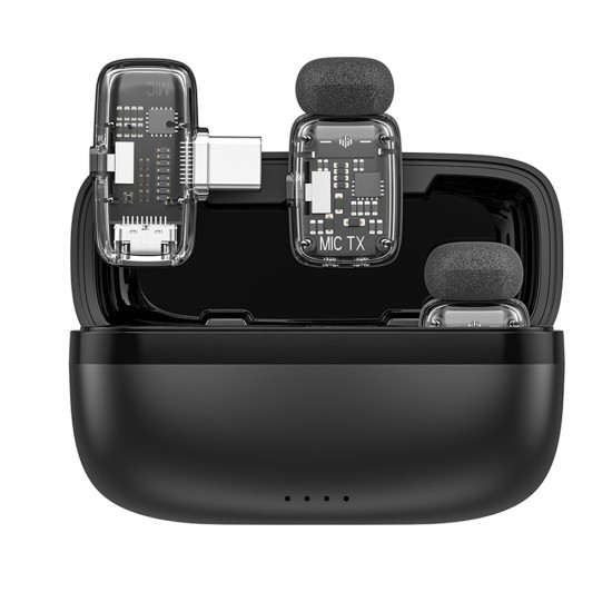 WIWU WI-WM008 2-IN-1 WITH ANC NOISE CANCELLATION, 360° PICKUP, 50M RANGE & CHARGING CASE DUAL WIRELESS LAVALIER MICROPHONE - BLACK