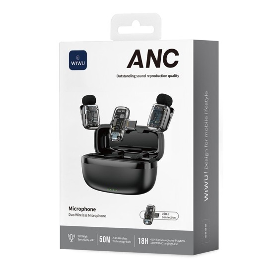 WIWU WI-WM008 2-IN-1 WITH ANC NOISE CANCELLATION, 360° PICKUP, 50M RANGE & CHARGING CASE DUAL WIRELESS LAVALIER MICROPHONE - BLACK