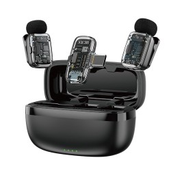 WIWU WI-WM008 2-IN-1 WITH ANC NOISE CANCELLATION, 360° PICKUP, 50M RANGE & CHARGING CASE DUAL WIRELESS LAVALIER MICROPHONE - BLACK