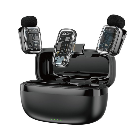 WIWU WI-WM008 2-IN-1 WITH ANC NOISE CANCELLATION, 360° PICKUP, 50M RANGE & CHARGING CASE DUAL WIRELESS LAVALIER MICROPHONE - BLACK