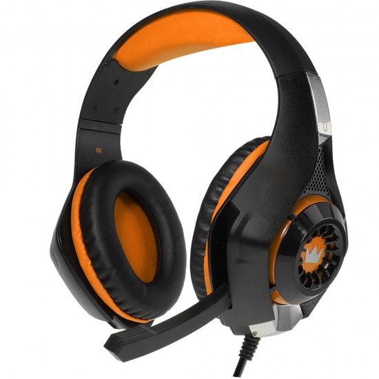 CROWN MICRO CMGH-102T WITH FLEXIBLE AND WIDE RIM 2.1M LONG CABLE FOLDING HIGH-SENSITIVITY MICROPHONE AND SEPARATE SPC AND MIC SLOTS WIRED GAMING HEADSET - BLACK/ORANGE