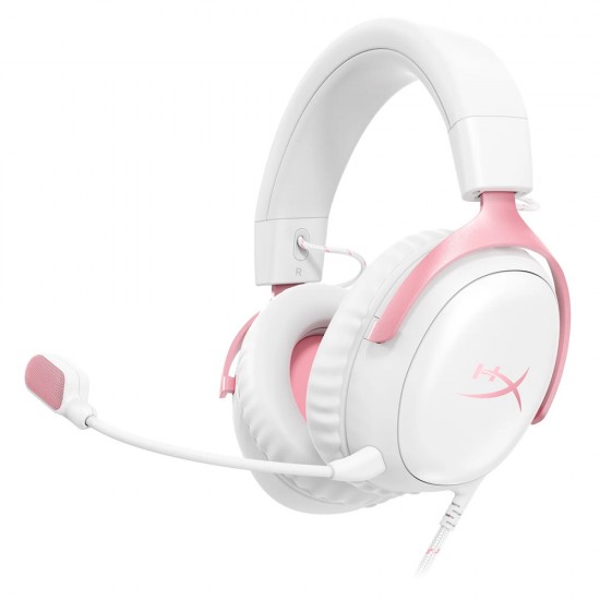 HYPERX CLOUD III ANGLED 53MM DRIVERS, NOISE-CANCELLING 10MM MIC AND MULTI-PLATFORM COMPATIBILITY WIRED GAMING HEADSET - WITE/PINK
