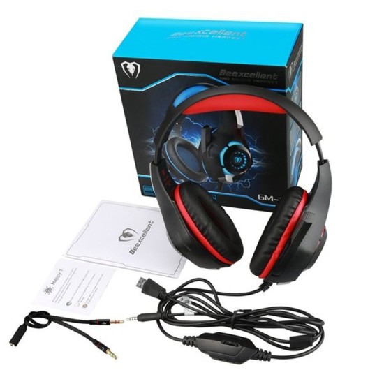 BEEXCELLENT GM1 WIRED 3.5MM OVER-EAR PRO GAMING HEADSET DEEP SOUND WITH LED LIGHTING AND MICROPHONE - RED