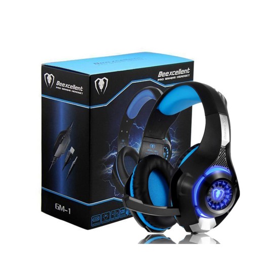 BEEXCELLENT GM1 WIRED 3.5MM OVER-EAR PRO GAMING HEADSET DEEP SOUND WITH LED LIGHTING AND MICROPHONE - BLUE