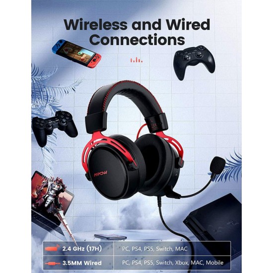 MPOW AIR WIRED GAMING HEADSET NO DELAY TRANSMISSION BLACK  AND RED