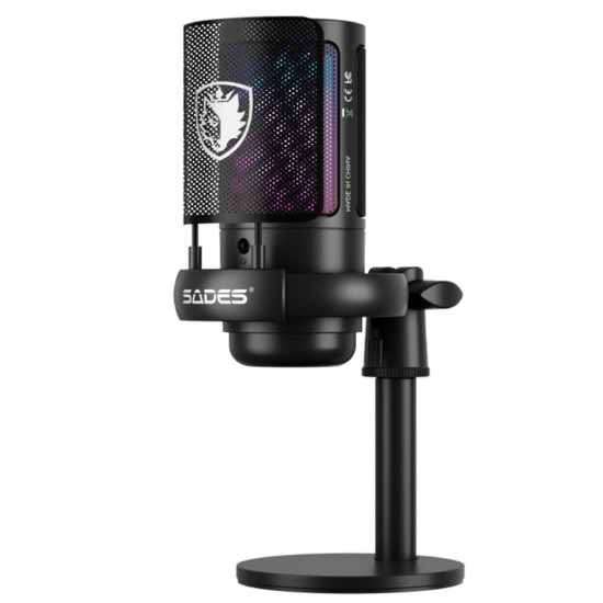 SADES TYTO SA-HC02Q27B CARDIOID POLAR PATTERN DETACHABLE POP FILTER SIMPLE MIC CONTROL GAIN CONTROL ADJUSTMENTS WIRED WITH BOOM ARM GAMING MICROPHONE - BLACK
