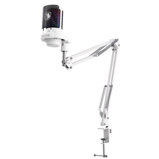 SADES TYTO SA-HC02Q27W CARDIOID POLAR PATTERN DETACHABLE POP FILTER SIMPLE MIC CONTROL GAIN CONTROL ADJUSTMENTS WIRED WITH BOOM ARM GAMING MICROPHONE - WHITE