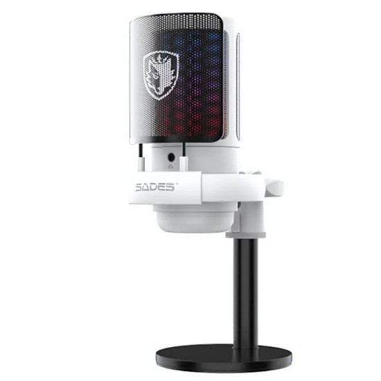SADES TYTO SA-HC02Q27W CARDIOID POLAR PATTERN DETACHABLE POP FILTER SIMPLE MIC CONTROL GAIN CONTROL ADJUSTMENTS WIRED WITH BOOM ARM GAMING MICROPHONE - WHITE