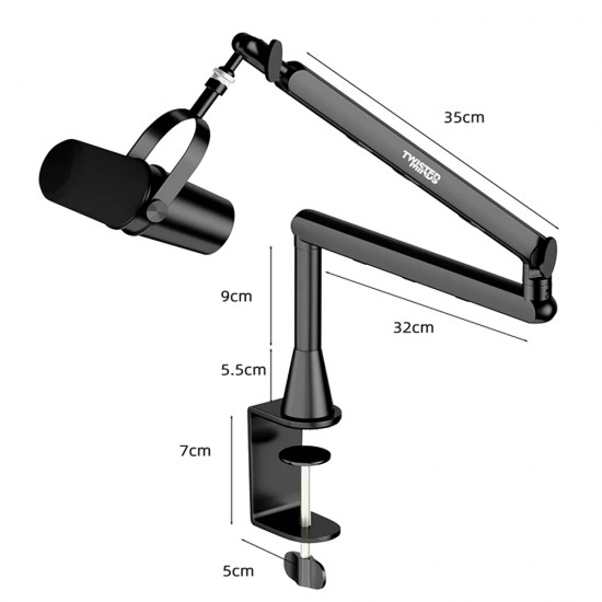 TWISTED MINDS FLEX SERIES STANDARD POLE 360 DEGREE ROTATION BOOM ARM WITH 6 CABLE CLAMPS UP TO 2KG DUAL ARM MICROPHONE - BLACK