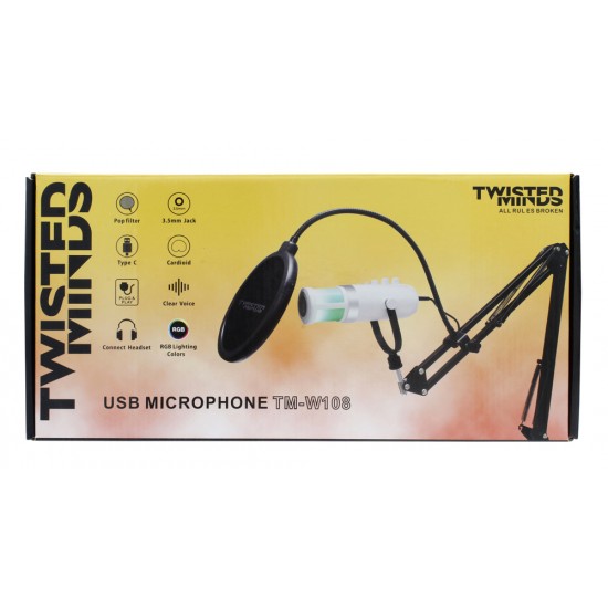 TWISTED MINDS W108 RGB WITH MUTE BUTTON AND LIGHTING ADJUSTMENT GAMING MICROPHONE WITH STAND - WHITE