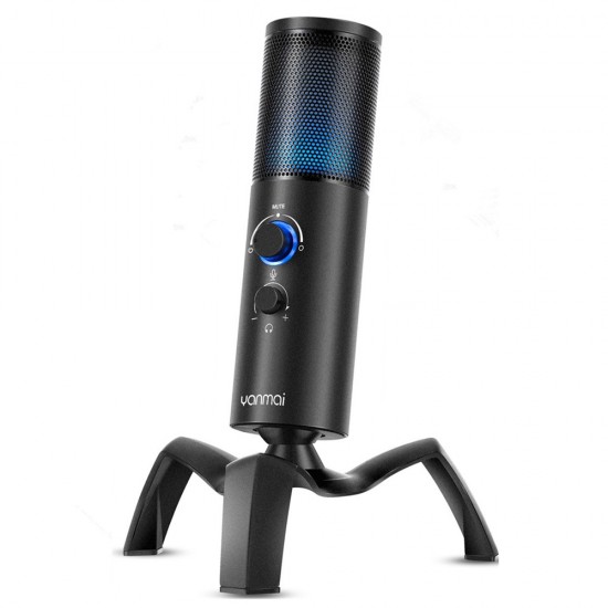 YANMAI Q18 USB PROFESSIONAL COMPUTER CONDENSER RGB OMNIDIRECTIONAL CARDIOID RECORDING KARAOKE METAL MICROPHONE - BLACK