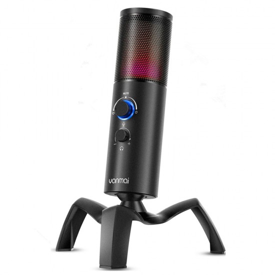 YANMAI Q18 USB PROFESSIONAL COMPUTER CONDENSER RGB OMNIDIRECTIONAL CARDIOID RECORDING KARAOKE METAL MICROPHONE - BLACK