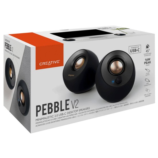 Creative Pebble V2 - Minimalistic 2.0 USB-C Powered Desktop Speakers, 3.5  mm AUX-in, 8W RMs with 16W Peak Power for Computers and Laptops, Type-A