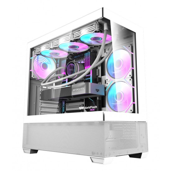 DARKFLASH DS900 ATX TEMPERED GLASS PANELS WITH 7 ARGB FANS AND FULL COVERAGE DUST PROOF 0.5 SPCC PC CASE - WHITE