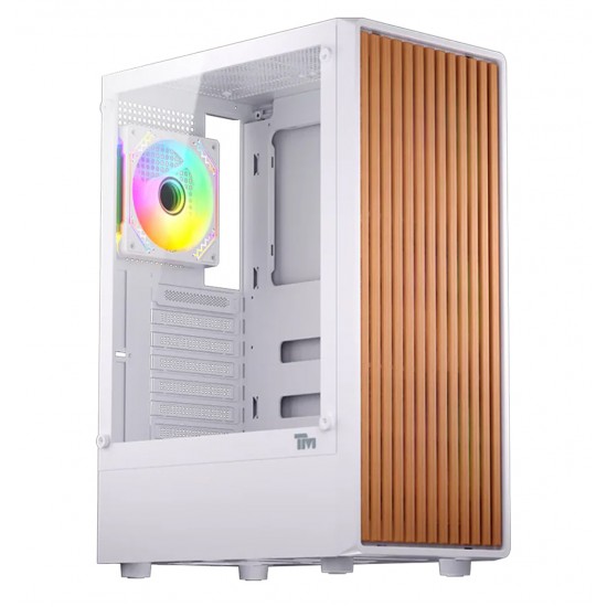TWISTED MINDS WOODX MID TOWER 4 PRE-INSTALLED ARGB FANS WITH REMOTE CONTROL TEMPERED GLASS SIDE PANEL ATX GAMING CASE - WHITE