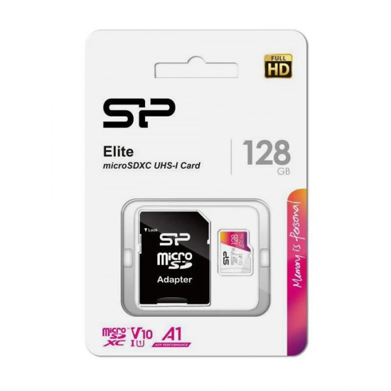 SILICON POWER ELITE MICROSDXC UHS-I 128GB CARD WITH ADAPTER CLASS 10 U1 V10 A1 FULL HD VIDEO - UP TO 100MB/S READ SPEED