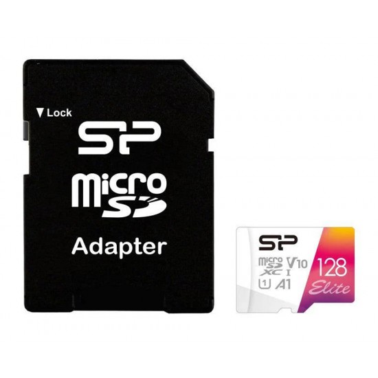 SILICON POWER ELITE MICROSDXC UHS-I 128GB CARD WITH ADAPTER CLASS 10 U1 V10 A1 FULL HD VIDEO - UP TO 100MB/S READ SPEED