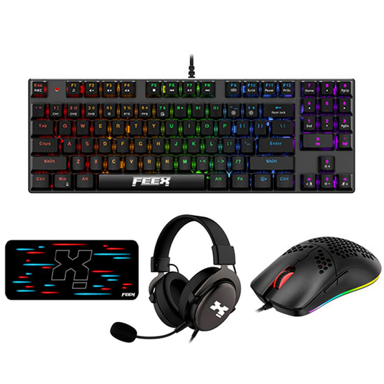 FEEX PRO  GAMING COMBO  4 IN 1 ( MOUSE - MECHANICAL KEYBOARD - HEADSET - MOUSE PAD )