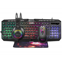 XTRIKE CMX-410 4-IN-1 RAINBOW BACKLIT 114-KEY KEYBOARD 7200 DPI PROGRAMMABLE RGB MOUSE 50MM OVER-EAR HEADSET & ANTI-SKID MOUSE PAD GAMING BUNDLE - BLACK
