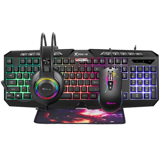 XTRIKE CMX-410 4-IN-1 RAINBOW BACKLIT 114-KEY KEYBOARD 7200 DPI PROGRAMMABLE RGB MOUSE 50MM OVER-EAR HEADSET & ANTI-SKID MOUSE PAD GAMING BUNDLE - BLACK