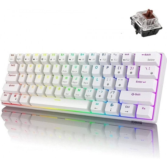 ROYAL KLUDGE RK61 TRI-MODE BLUETOOTH/ WIRED RGB BACKLIT BROWN SWITCHES 60% MECHANICAL GAMING KEYBOARD - WHITE 