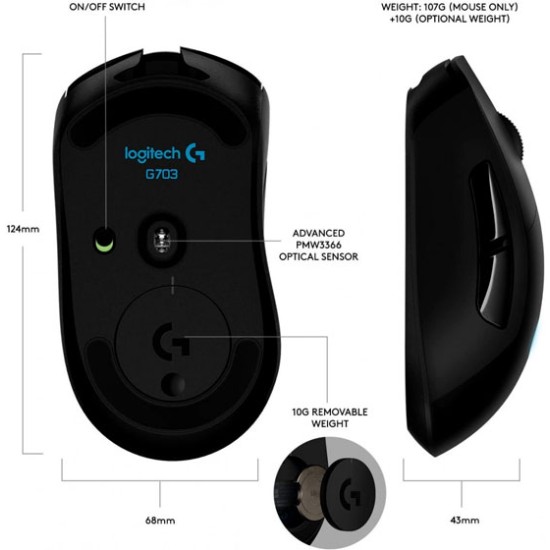 LOGITECH G703 LIGHTSPEED WIRELESS GAMING MOUSE ( 25600 DPI ) BATTERY LIFE DEFAULT LIGHTING 35 HOURS - NO LIGHTING 60 HOURS