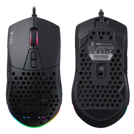 RAPOO  V360 DETACHABLE RGB BACKLIT 6200DPI IR OPTICAL WIRED GAMING MOUSE - BLACK 