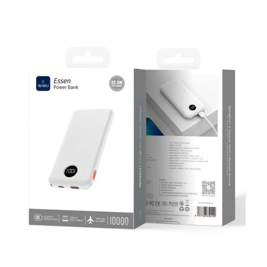 WIWU ESSEN PN03 22.5W SLIM 10000MAH WITH LED DIGITAL DISPLAY, PD & QC FAST CHARGING POWER BANK - BLACK