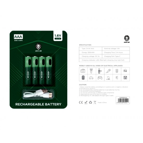 GREEN LION RECHARGEABLE BATTERY AAA 500MAH 1.6V ALKALINE BATTERY 4PCS - GREEN