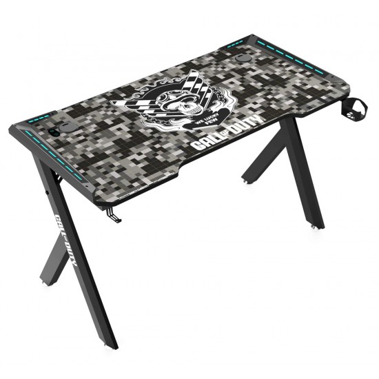 CALL OF DUTY (COD) HAWKSBILL SERIES RGB FLOWING LIGHT GAMING DESK WITH HEADPHONE HOOK AND CUP HOLDER - BLACK/GREY