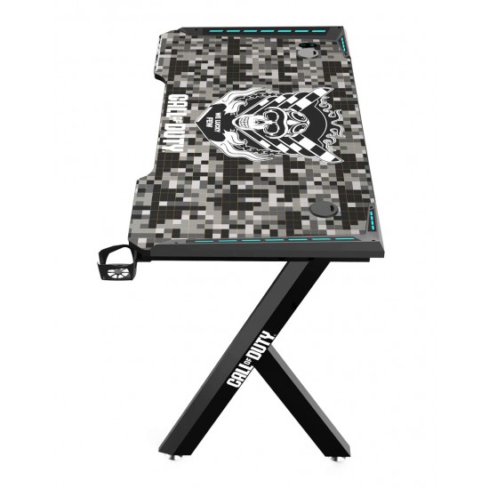 CALL OF DUTY (COD) HAWKSBILL SERIES RGB FLOWING LIGHT GAMING DESK WITH HEADPHONE HOOK AND CUP HOLDER - BLACK/GREY