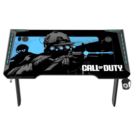 CALL OF DUTY (COD) HAWKSBILL SERIES RGB FLOWING LIGHT GAMING DESK WITH HEADPHONE HOOK AND CUP HOLDER - BLACK/BLUE