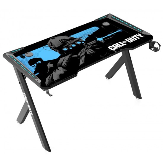 CALL OF DUTY (COD) HAWKSBILL SERIES RGB FLOWING LIGHT GAMING DESK WITH HEADPHONE HOOK AND CUP HOLDER - BLACK/BLUE