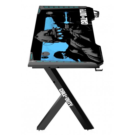 CALL OF DUTY (COD) HAWKSBILL SERIES RGB FLOWING LIGHT GAMING DESK WITH HEADPHONE HOOK AND CUP HOLDER - BLACK/BLUE