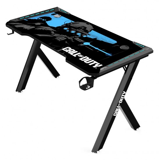 CALL OF DUTY (COD) HAWKSBILL SERIES RGB FLOWING LIGHT GAMING DESK WITH HEADPHONE HOOK AND CUP HOLDER - BLACK/BLUE