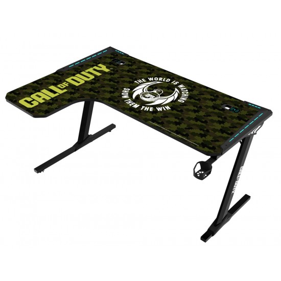 CALL OF DUTY (COD) X GAMEON PHANTOM XL-L SERIES L-SHAPED RGB FLOWING LIGHT GAMING DESK WITH HEADPHONE HOOK AND CUP HOLDER - BLACK/GREEN