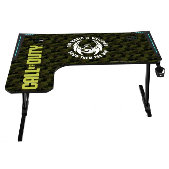 CALL OF DUTY (COD) X GAMEON PHANTOM XL-L SERIES L-SHAPED RGB FLOWING LIGHT GAMING DESK WITH HEADPHONE HOOK AND CUP HOLDER - BLACK/GREEN