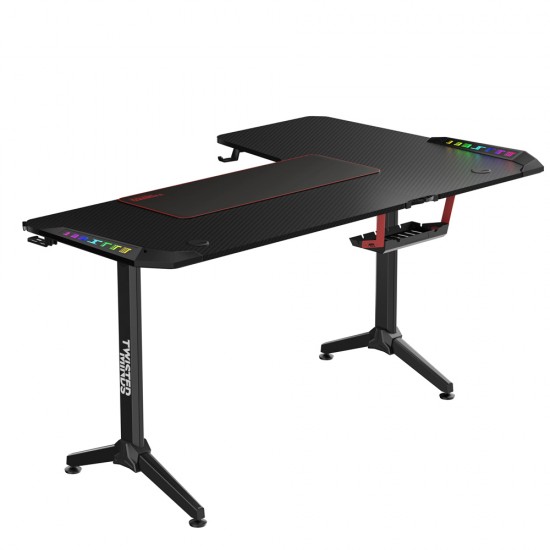 TWISTED MINDS WARRIOR L SHAPED LEFT P2 CARBON FIBER 160X100CM STURDY STEEL FRAME CABLE MANAGEMENT RGB GAMING DESK - BLACK