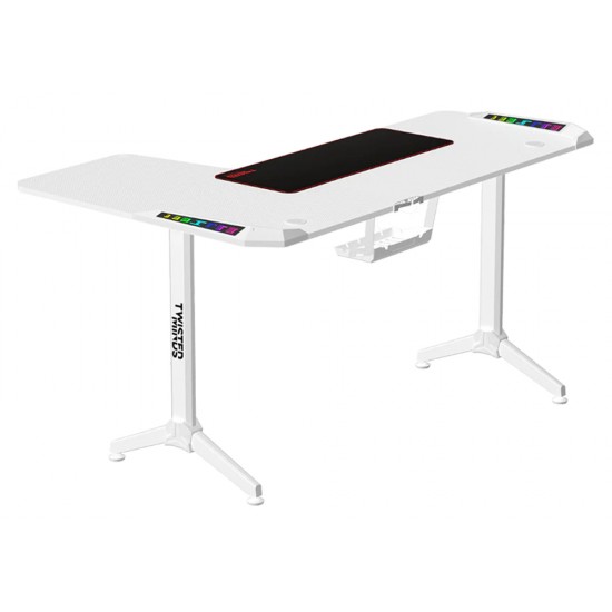 TWISTED MINDS WARRIOR L-SHAPED LEFT-HAND ERGONOMIC RGB CARBON FIBER TEXTURE STEEL FRAMED GAMING DESK - WHITE