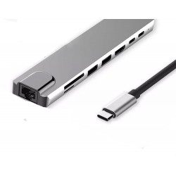 8 IN 1 MULTIFUNCTIONAL TYPE-C TO HDTV SD TF ADAPTER HUB WITH 4K HDMI PD POWER DELIVERY USB-C 2 USB PORTS SD TF CARD READER COMPATIBLE WITH SMARTPHONES ETHERNET USB - GRAY