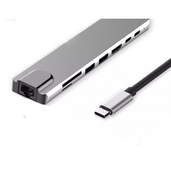 8 IN 1 MULTIFUNCTIONAL TYPE-C TO HDTV SD TF ADAPTER HUB WITH 4K HDMI PD POWER DELIVERY USB-C 2 USB PORTS SD TF CARD READER COMPATIBLE WITH SMARTPHONES ETHERNET USB - GRAY