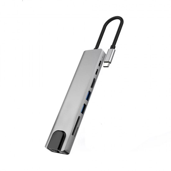 8 IN 1 MULTIFUNCTIONAL TYPE-C TO HDTV SD TF ADAPTER HUB WITH 4K HDMI PD POWER DELIVERY USB-C 2 USB PORTS SD TF CARD READER COMPATIBLE WITH SMARTPHONES ETHERNET USB - GRAY