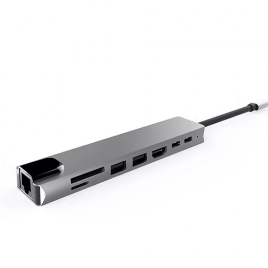 8 IN 1 MULTIFUNCTIONAL TYPE-C TO HDTV SD TF ADAPTER HUB WITH 4K HDMI PD POWER DELIVERY USB-C 2 USB PORTS SD TF CARD READER COMPATIBLE WITH SMARTPHONES ETHERNET USB - GRAY