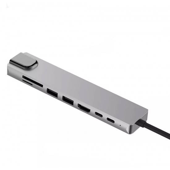 8 IN 1 MULTIFUNCTIONAL TYPE-C TO HDTV SD TF ADAPTER HUB WITH 4K HDMI PD POWER DELIVERY USB-C 2 USB PORTS SD TF CARD READER COMPATIBLE WITH SMARTPHONES ETHERNET USB - GRAY
