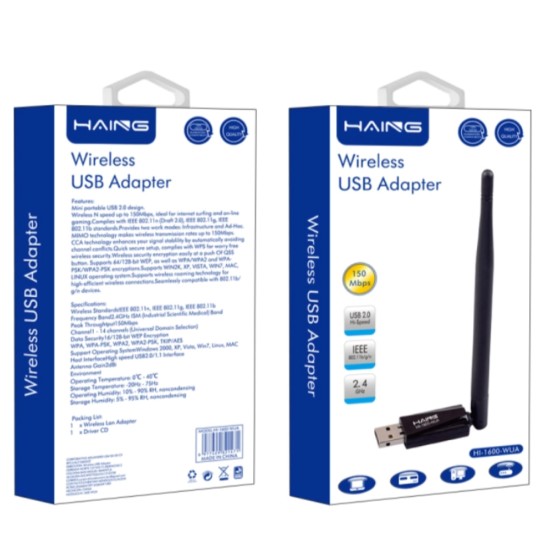 HAING HI-1600-WUA 150MBPS N150 HIGH-POWER MIMO TECHNOLOGY 2.0 MINI USB WIRELESS ROAMING NETWORK ADAPTER - BLACK