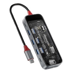 PROMATE TRANSHUB GO 4K 60HZ HDMI 100W POWER DELIVERY SD TF LAN FOR USB C DEVICES 9 IN 1 MULTI DISPLAY MEDIA HUB DUAL USB A - TRANSPARENT GREY