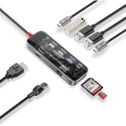 PROMATE TRANSHUB GO 4K 60HZ HDMI 100W POWER DELIVERY SD TF LAN FOR USB C DEVICES 9 IN 1 MULTI DISPLAY MEDIA HUB DUAL USB A - TRANSPARENT GREY